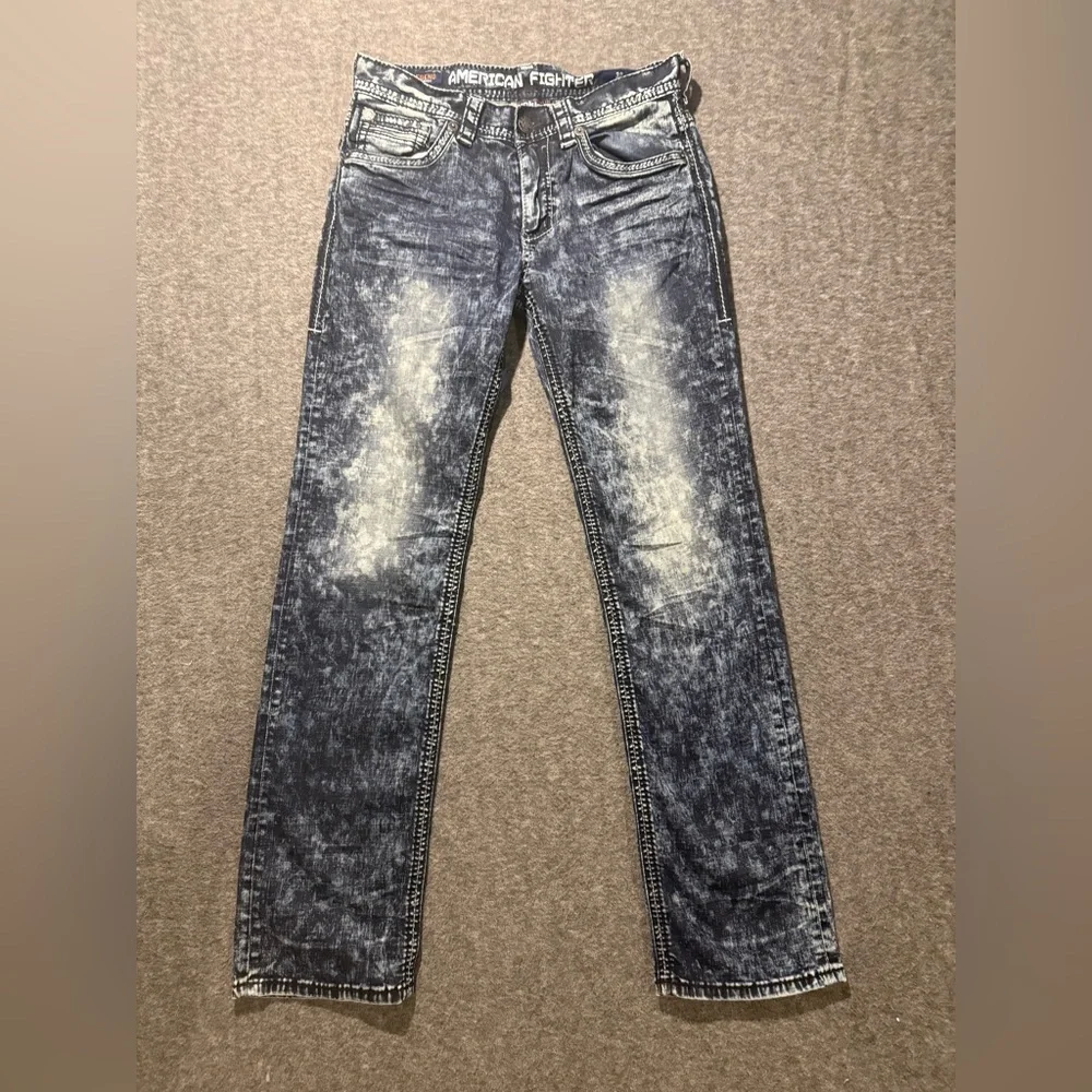 American Fighter Buckle Jeans Men 32 Long (32x34) blue Legend Slim Straight Acid